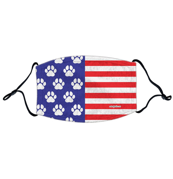 USA Flag - White Paw Prints - Adult Adjustable Face Mask