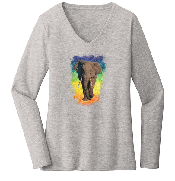 Elephant Rainbow - Women's V-Neck Long Sleeve T-Shirt | International Elephant Foundation