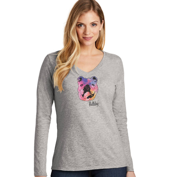 Animal Pride - Colorful Bulldog Headshot - Women's V-Neck Long Sleeve T-Shirt