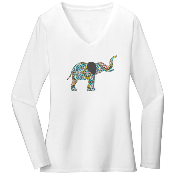 Elephant Mosaic Women's V-Neck Long Sleeve T-Shirt | International Elephant Foundation