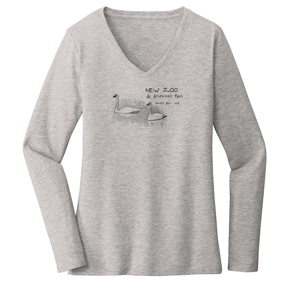 NEW Zoo Trumpeter Swans Outline - Women's V-Neck Long Sleeve T-Shirt