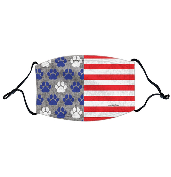 USA Flag - Blue Paw Prints - Adult Adjustable Face Mask