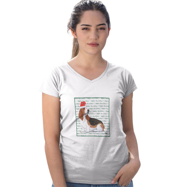 Basset Hound Happy Howlidays Text - Women's V-Neck T-Shirt