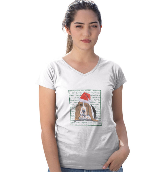 Basset Hound Puppy Happy Howlidays Text - Women's V-Neck T-Shirt