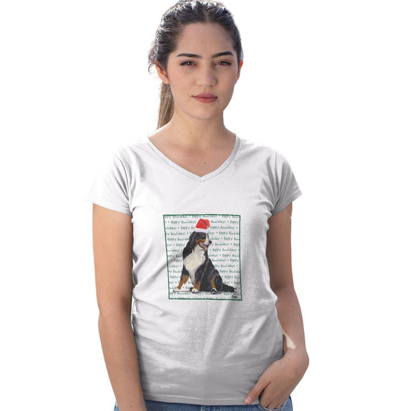 Bernese Mountain Dog Happy Howlidays Text - Women's V-Neck T-Shirt
