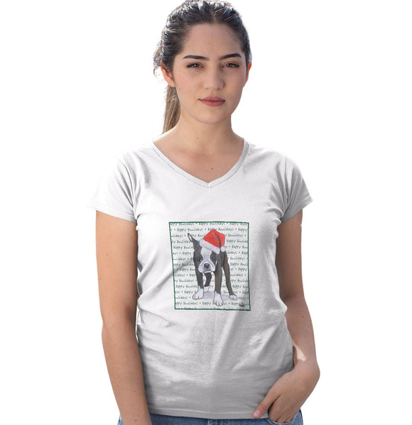 Boston Terrier Puppy Happy Howlidays Text - Women's V-Neck T-Shirt