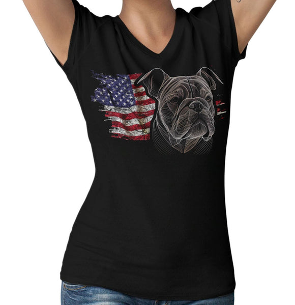 Patriotic Bulldog American Flag - Women's V-Neck T-Shirt