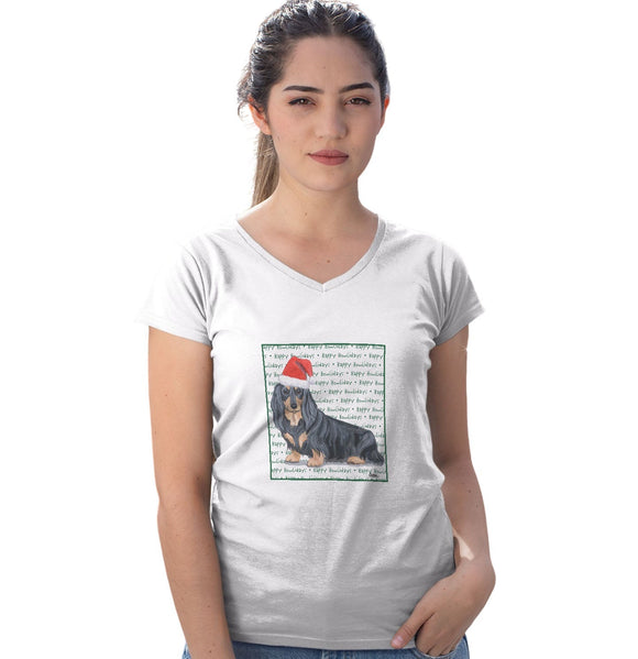 Dachshund (Black Long Haired) Happy Howlidays Text - Women's V-Neck T-Shirt