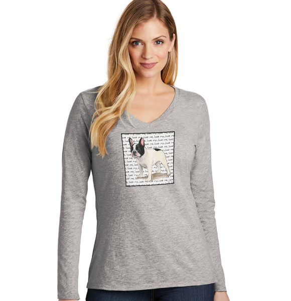 Black & White Frenchie Love Text - Women's V-Neck Long Sleeve T-Shirt
