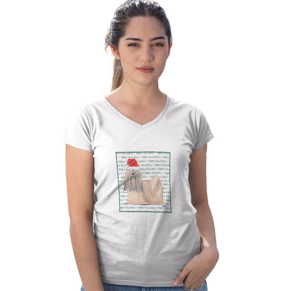 Lhasa Apso Happy Howlidays Text - Women's V-Neck T-Shirt