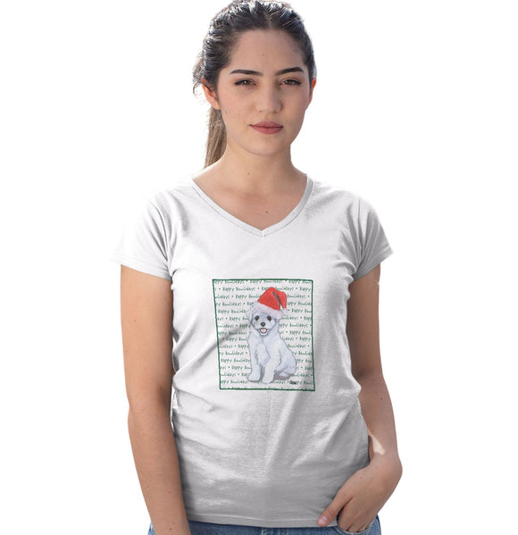 Maltese Happy Puppy Howlidays Text - Women's V-Neck T-Shirt