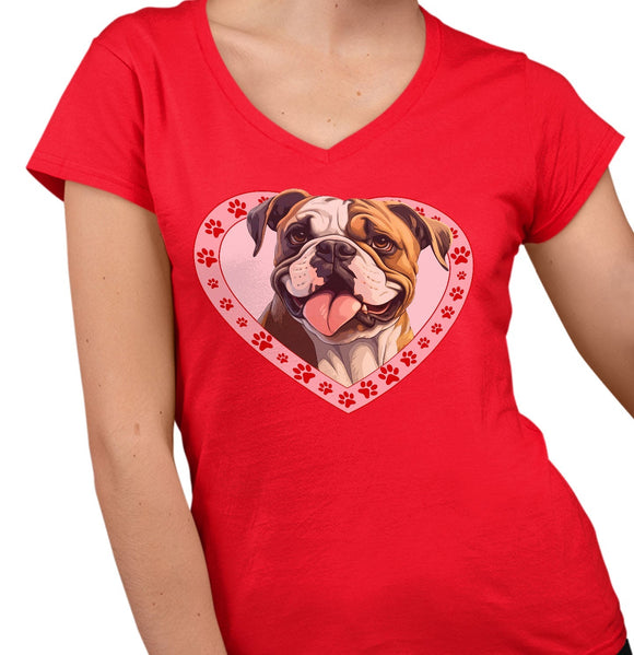 Bulldog Illustration In Heart - Women's V-Neck T-Shirt