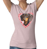 Dachshund (Black & Tan) Illustration In Heart - Women's V-Neck T-Shirt