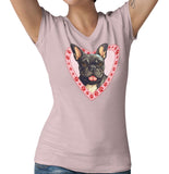 French Bulldog (Black & White) Illustration In Heart - Women's V-Neck T-Shirt