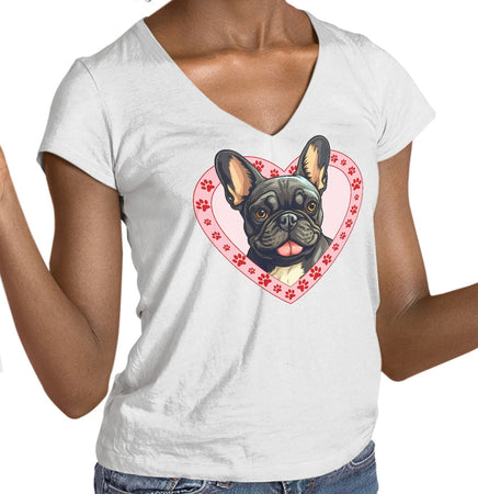 French Bulldog (Black & White) Illustration In Heart - Women's V-Neck T-Shirt