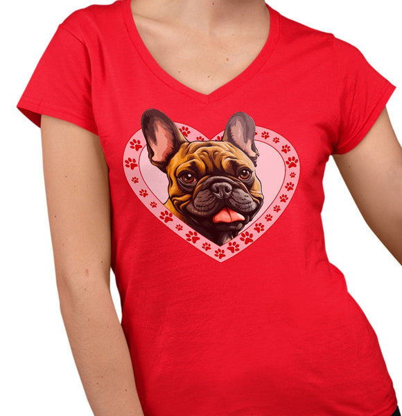 French Bulldog (Fawn) Illustration In Heart - Women's V-Neck T-Shirt