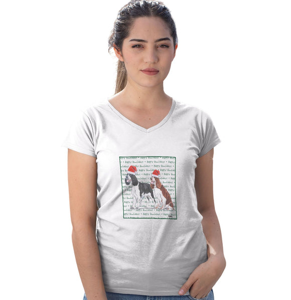 English Springer Spaniel Pair Happy Howlidays Text - Women's V-Neck T-Shirt