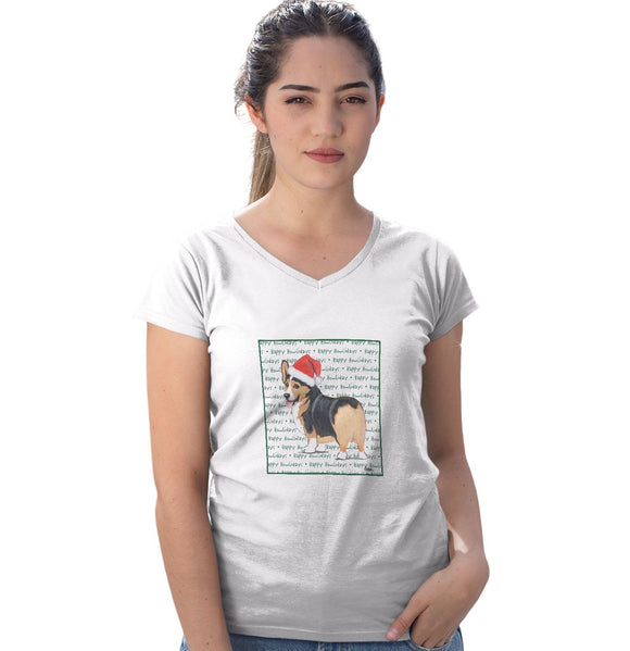 Pembroke Welsh Corgi (Tri-Color) Happy Howlidays Text - Women's V-Neck T-Shirt