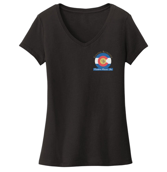 Golden Retriever Freedom Rescue Colorado Flag Logo - Left Chest - Ladies' V-Neck T-Shirt