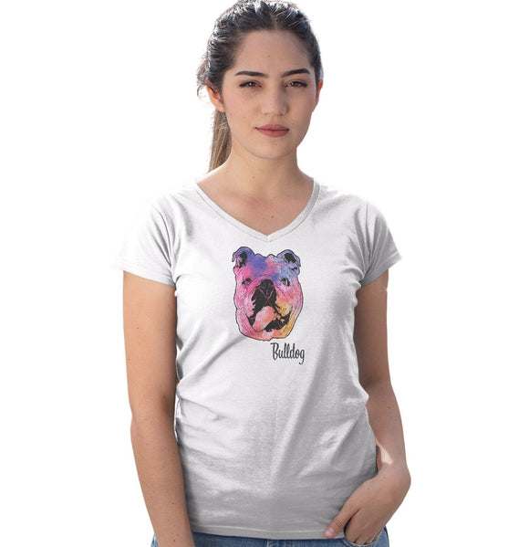 Animal Pride - Colorful Bulldog Headshot - Women's V-Neck T-Shirt