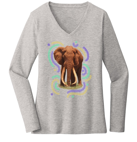 Wiggly Lines Elephant - Women's V-Neck Long Sleeve T-Shirt
